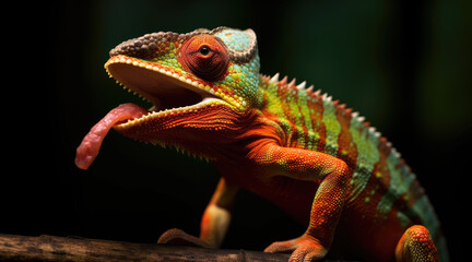 Obraz premium The chameleon shoots its tongue at the moment of catching an insect.