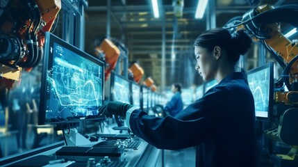 Modern Factory of Industry. Production line operator, a woman, uses a computer with screens that display artificial intelligence and machine learning to enhance the assembly process. - obrazy, fototapety, plakaty