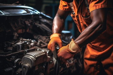In an industrial workshop, a diverse team of skilled professionals gets their hands dirty to repair and maintain vehicles.  - obrazy, fototapety, plakaty