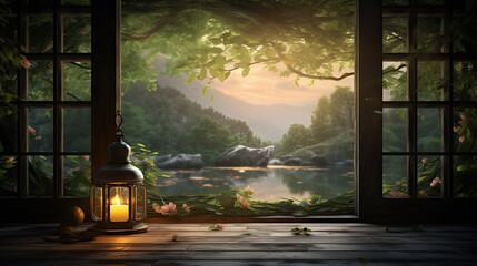 Window to the outside world, lantern with a candle and plants on a windowsill