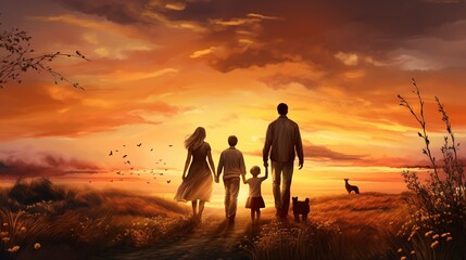 Happy family: mother, father, son, and daughter enjoying the sunset in the woods. Generative AI.