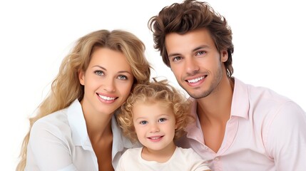 Close-up of three happy, pleased people enjoying a weekend getaway against a white background. The children are cuddling and leaning on their shoulders.