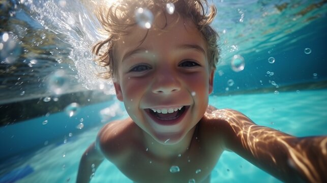 A contented young boy dives and swims in the pool. water sports, an active, healthful lifestyle.