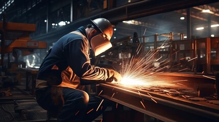 Wearing protective work wear, the worker is welding in the factory. - obrazy, fototapety, plakaty