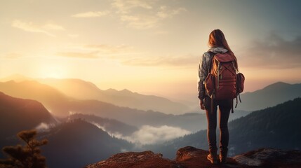 View of the scenery, sunset, mountains, and clouds from behind a young hiker girl wearing a backpack as she stands on a cliff.