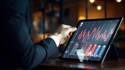 rapid commercial growth. A businessman studying a graph of economic growth and sales data on a tablet. financial planning, banking, and business strategy. Internet advertising. Generative AI.