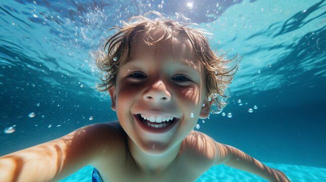 A contented young boy dives and swims in the pool. water sports, an active, healthful lifestyle.