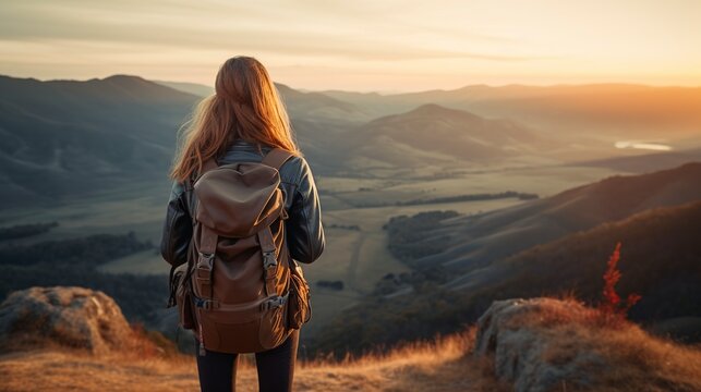 View of the scenery, sunset, mountains, and clouds from behind a young hiker girl wearing a backpack as she stands on a cliff.