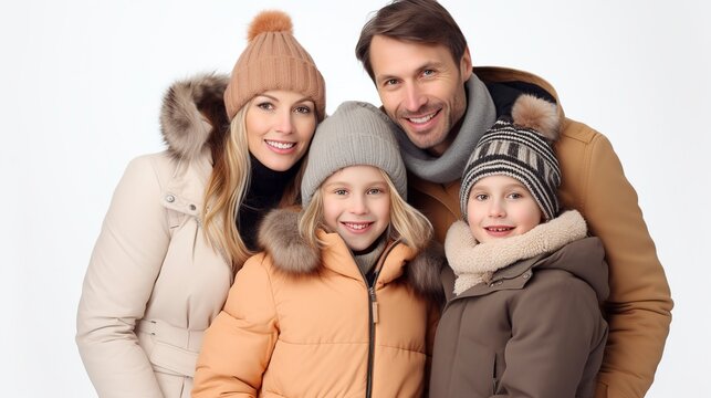 Laughing, smiling family of four with a white background and winter attire.