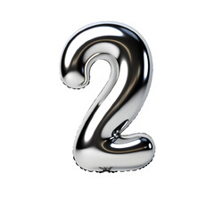 silver chrome balloon shaped number 2 isolated on transparent background ,generative ai