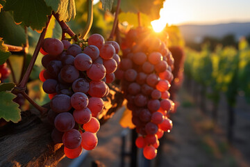 The morning sun plugs into the grape field planted on the farm and the fruits shine beautifully. A...