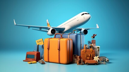 Toy airplane and suitcase in miniature with a blue background. journey via air.
