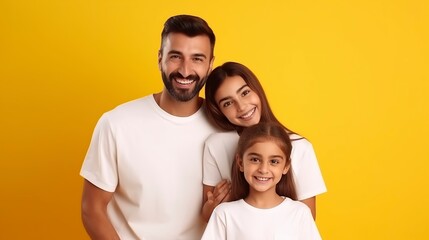 Fototapeta premium Muslim family portrait, father, mother and daughter on yellow background.