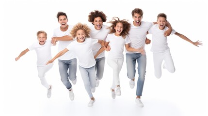 Big happy family jumping together in white outfits on a white background.