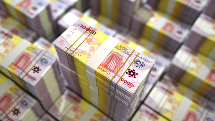 close up of stacks of 2022 Central African CFA franc notes. 3d rendering on bundles of money