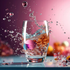 Close-up carbonated water with bubbles and splashes in a glass