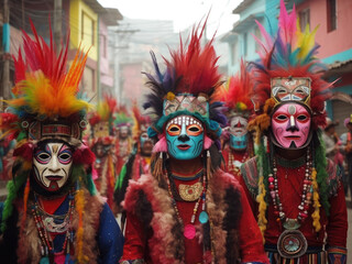 Fototapeta na wymiar Festivities in Southamerica. Colorful carnival of people on the street.