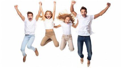 Obraz premium Isolated, joyful family bouncing on a white background.