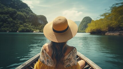 Young woman lounging on a boat and gazing out to sea from the back perspective, sporting a straw hat.