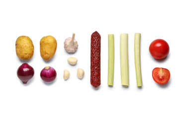 Composition with salami and fresh vegetables on white background