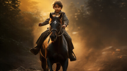 The child riding horse in the morning