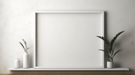 Empty vertical frame mockup in modern minimalist interior with plant in trendy vase on white wall background. Template for artwork, painting, photo or poster.