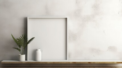 Obraz na płótnie Canvas Empty vertical frame mockup in modern minimalist interior with plant in trendy vase on white wall background. Template for artwork, painting, photo or poster.