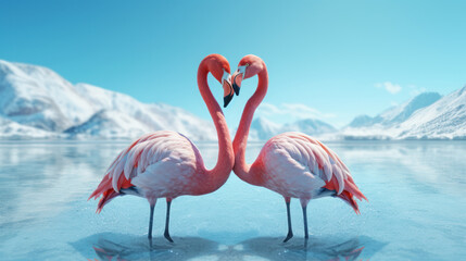 Two flamingos, necks forming the shape of a love heart on the lake
