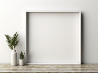 Fototapeta na wymiar Empty vertical frame mockup in modern minimalist interior with plant in trendy vase on white wall background. Template for artwork, painting, photo or poster.