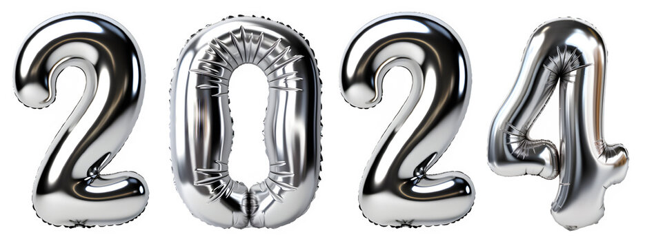 silver chrome balloon shaped number 2025 isolated on transparent background ,generative ai