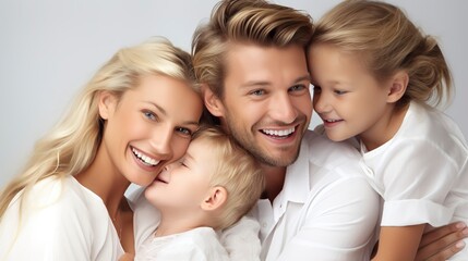 A happy family, laughing, cuddling, and enjoying time together at home with tiny children.