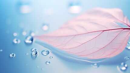 transparent skeleton leaf with lovely texture on a blue and pink backdrop, and a close-up macro of a glass with glistening water drops. Free space, a bright, expressive creative image. Generative AI.
