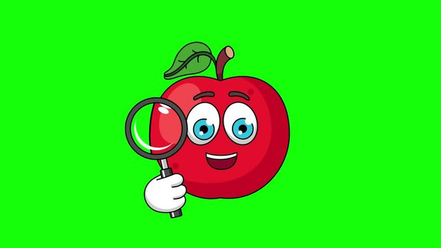 apple fruit cartoon holding a magnifying glass, scanning gesture animation
