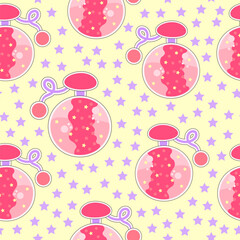 Perfume bottles with purple stars and yellow background seamless pattern. Suitable for designs, decoration, tiles, textile, fabric, packaging, wrapping and more.