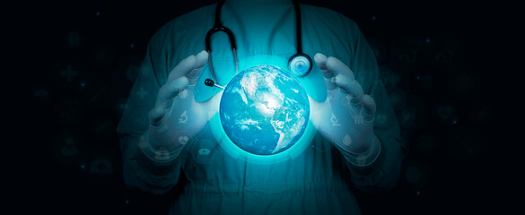 World health day, concept. Hand holds earth globe on digital dark blue background. Isolated