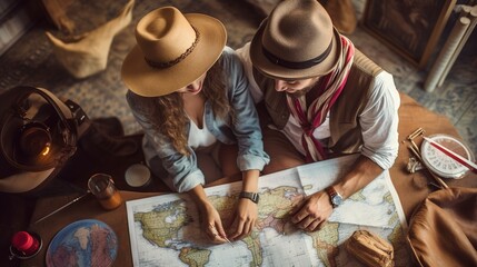A young couple uses a map to choose their honeymoon holiday destination. upper perspective. - obrazy, fototapety, plakaty