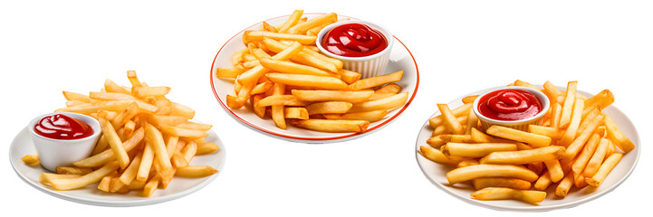 Three plates of delicious French fries are served with ketchup and ketchup sauce. This vibrant and mouth-watering image is perfect for food menus and promotional materials. Generative Ai