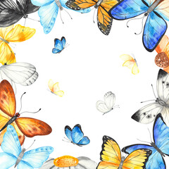 Butterflies, cute summer design for cards and invitations Watercolor frame banner 