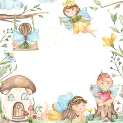 Obraz na płótnie Canvas Cute garden fairies, flowers, greenery for cards and invitationsWatercolor frame banner 