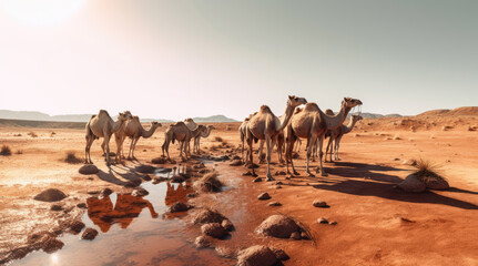 Fototapeta na wymiar Beautiful view of camels in the desert