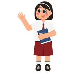 Elementary School Girl Waving Illustration