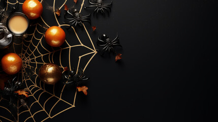 sleek spider webs, and elegant spiders against a dark Halloween flat lay mockup of the background