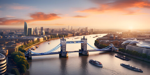 Panoramic aerial view of the skyline of London, England, with a passenger ship crossing under the Tower Bridge during a beautiful sunset