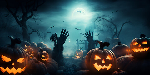 Halloween pumpkins in graveyard on the spooky night halloween background concept