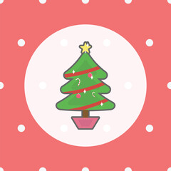 A cartoon Christmas tree with decorations and a star, on a white circle with a red polka dot background
