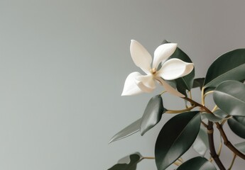 Minimalist WHITE pale leaves on a pale flat background wall — Plants and Leaves — interior design graphic resource with film grain realism — WHITE, GREEN, SIMPLE, GREY — Realistic renders