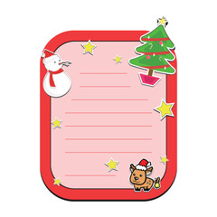 Christmas stationery with a red border, light pink lined writing area, and cartoon illustrations of a snowman, Christmas tree, reindeer, and yellow stars