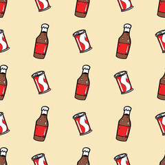 Cartoon soda bottles and cans pattern on a beige background