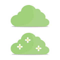 Two light green, rounded bushes are shown. The top one is plain, while the bottom one has three white and yellow stylized flowers