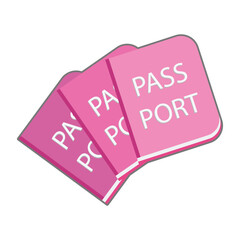 A vector illustration shows three stacked, bright pink passports with rounded corners. The word "PASSPORT" is prominently displayed in white on each
